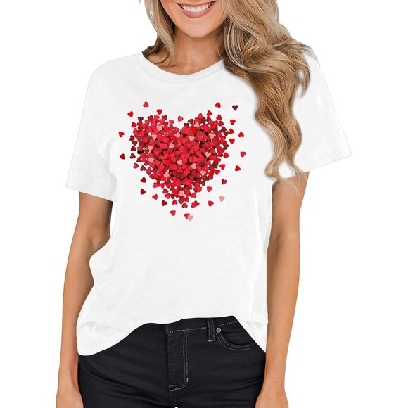 Meesheep Women White Cute Love Hearts Pull On T shirts Valentines Day Gifts Tops - Picture 3 of 6